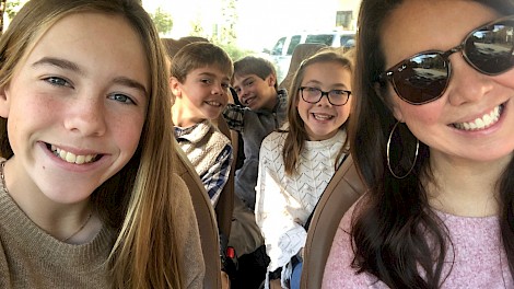 Car Selfie—Ashley with Reese, Griffin, Cannon and Palmer.