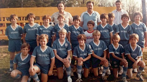 The Challengers soccer team, with David Crowder standing fourth from the left in the back row and his dad, Coach Dan Crowder, on the far right